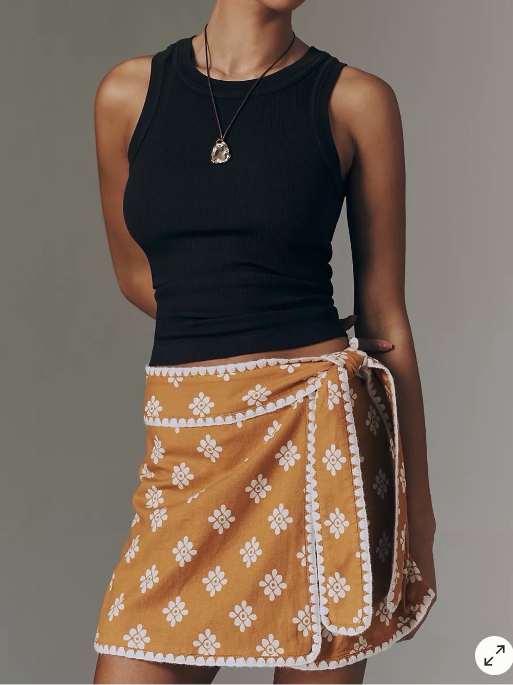 Anthropologie Mustard Yellow Floral Wrap Mini Skirt